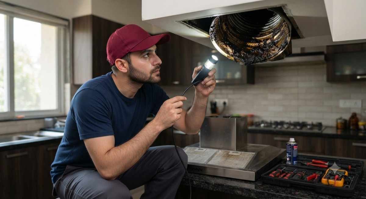 Blocked chimney exhaust duct inspection to identify airflow obstruction