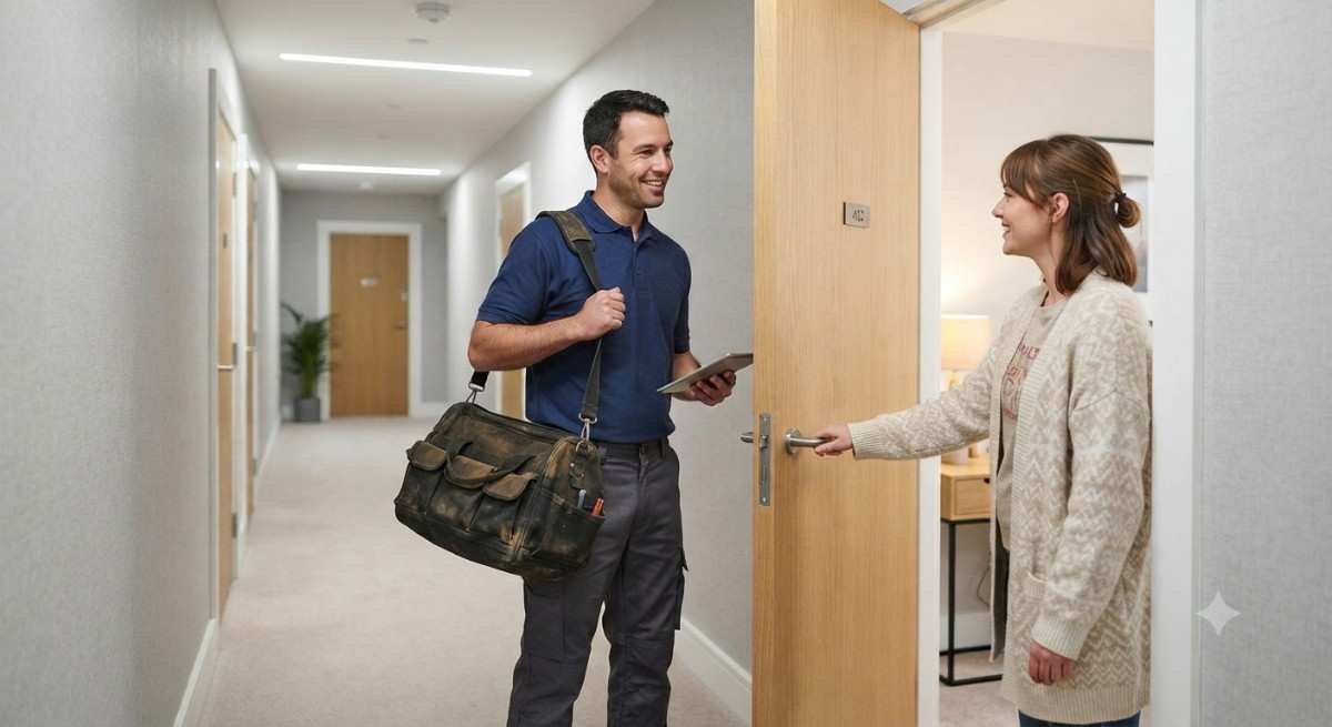 Doorstep appliance repair technician arriving at a Navi Mumbai housing society