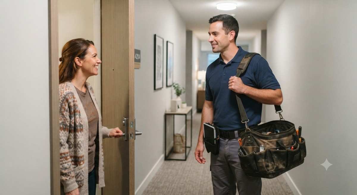 Doorstep appliance repair technician arriving at a Mumbai apartment building