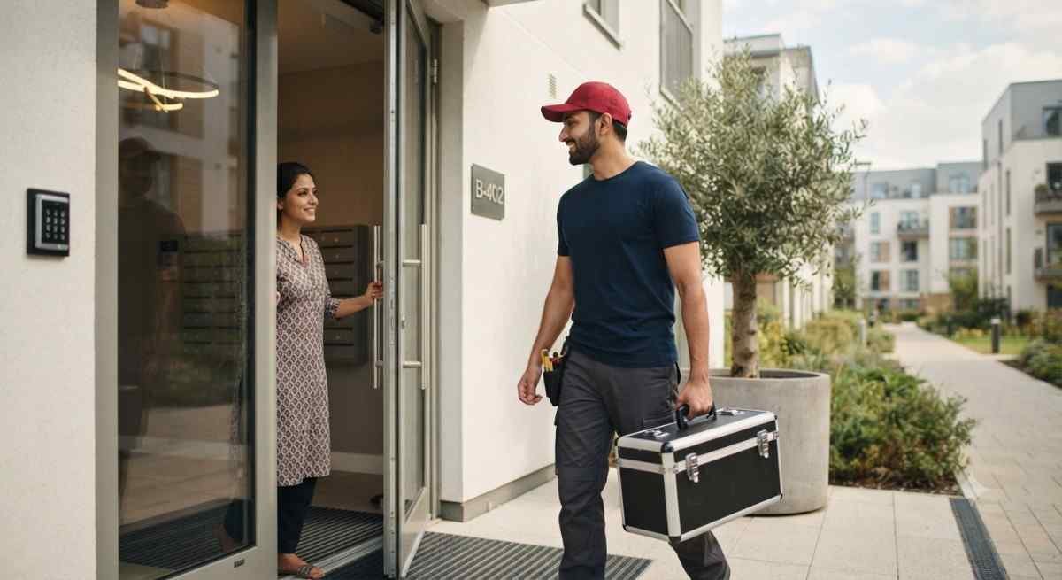 Doorstep Kutchina cooking range repair technician arriving at customer's home