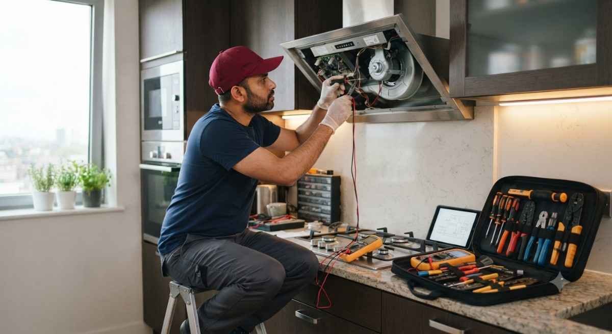Expert chimney repair service technician handling a suction motor replacement