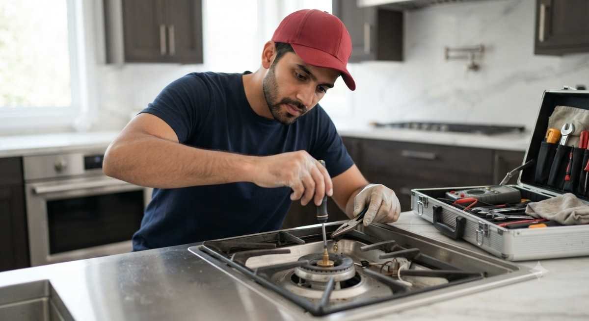 Kutchina cooking range gas burner repair service technician fixing burner assembly