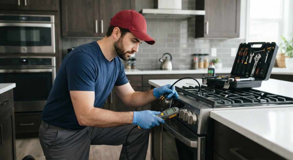 Kutchina cooking range gas leakage inspection service technician checking valve and connections