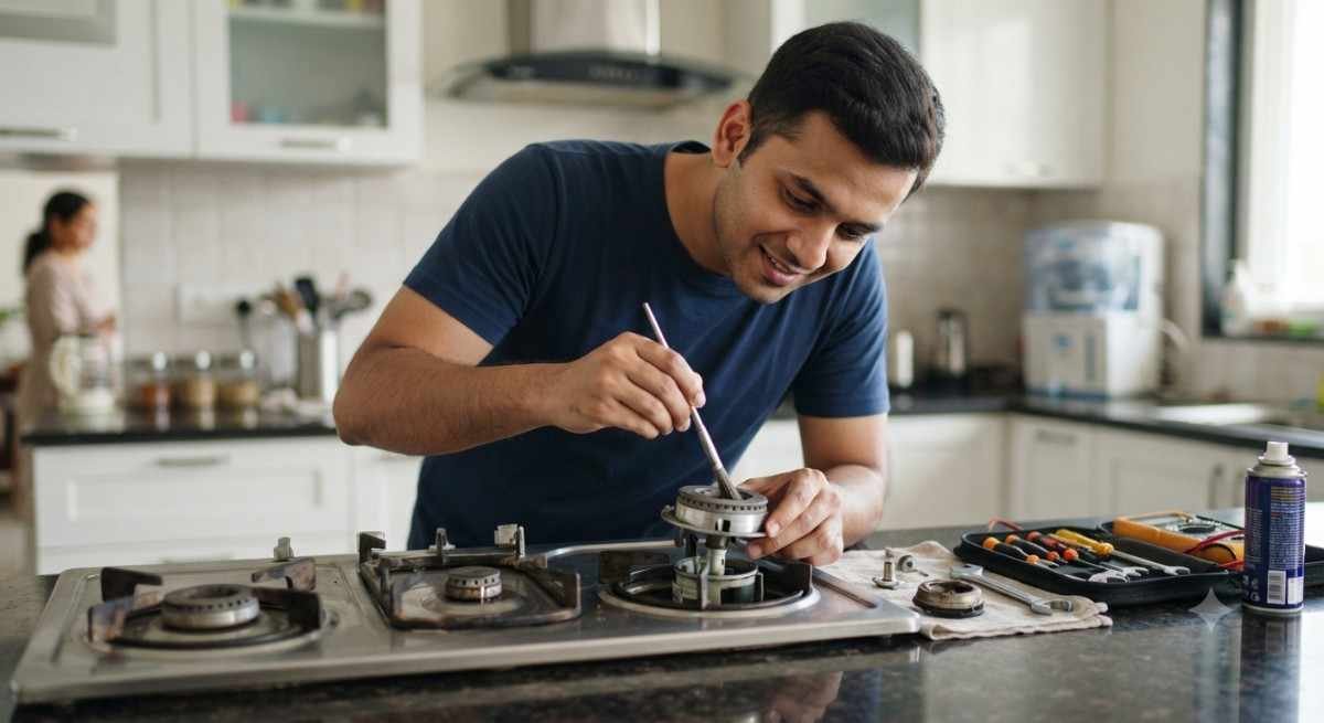 Kutchina gas stove burner cleaning service technician removing grease and food residue