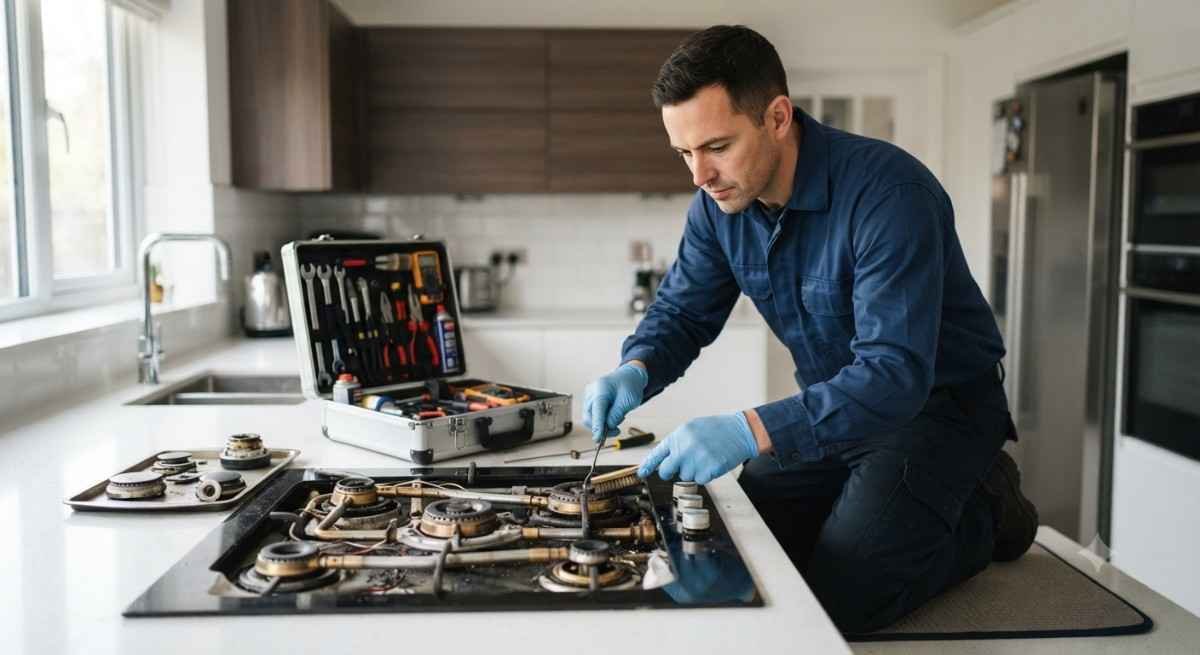 Kutchina burner repair technician servicing burner cap and flame assembly