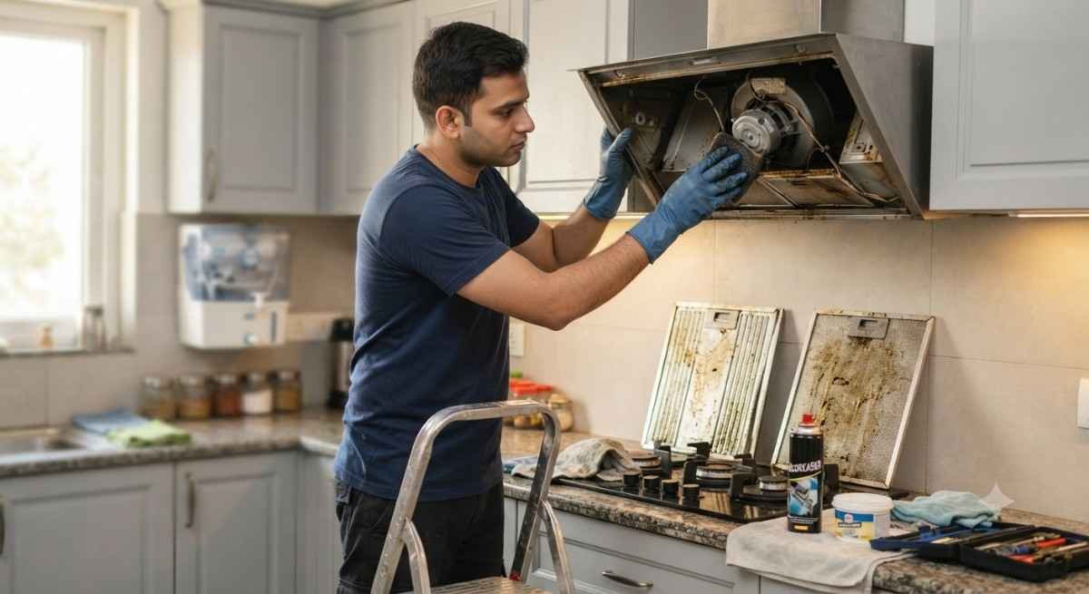 Kutchina chimney cleaning service removing grease buildup from filters and blower housing