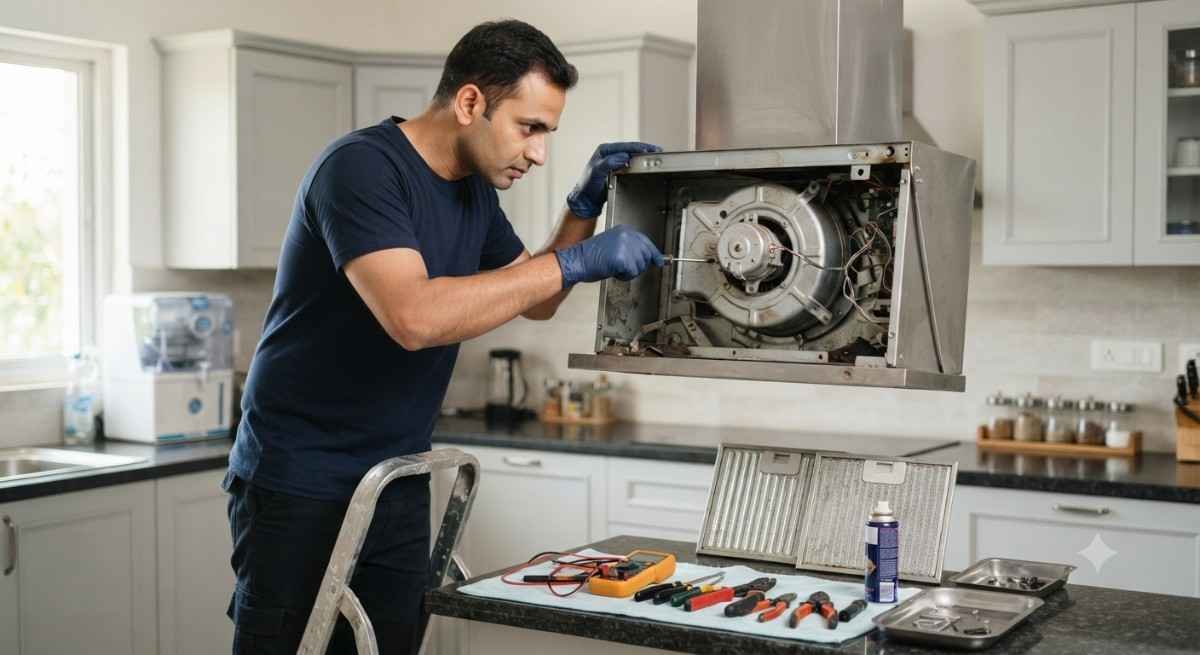 Kutchina chimney motor service technician repairing suction motor and fan blade