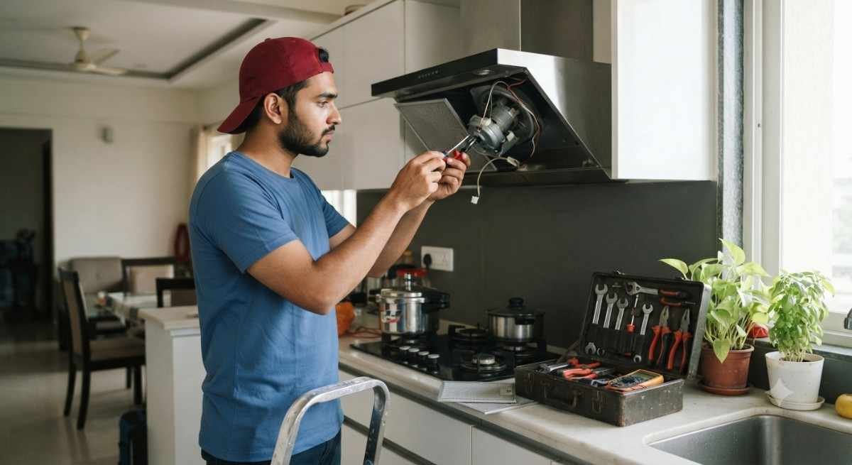 Kutchina chimney repair technician servicing a chimney in a Mumbai kitchen