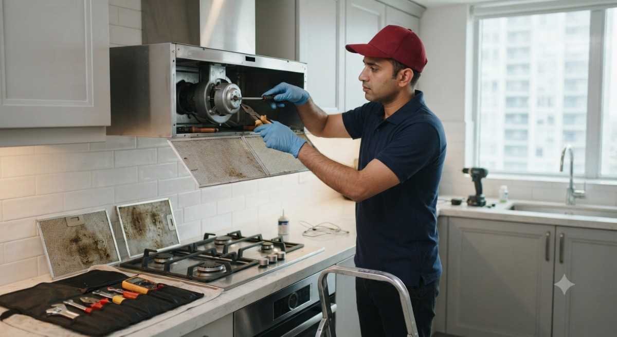 Kutchina chimney repair technician servicing a chimney in a Navi Mumbai kitchen