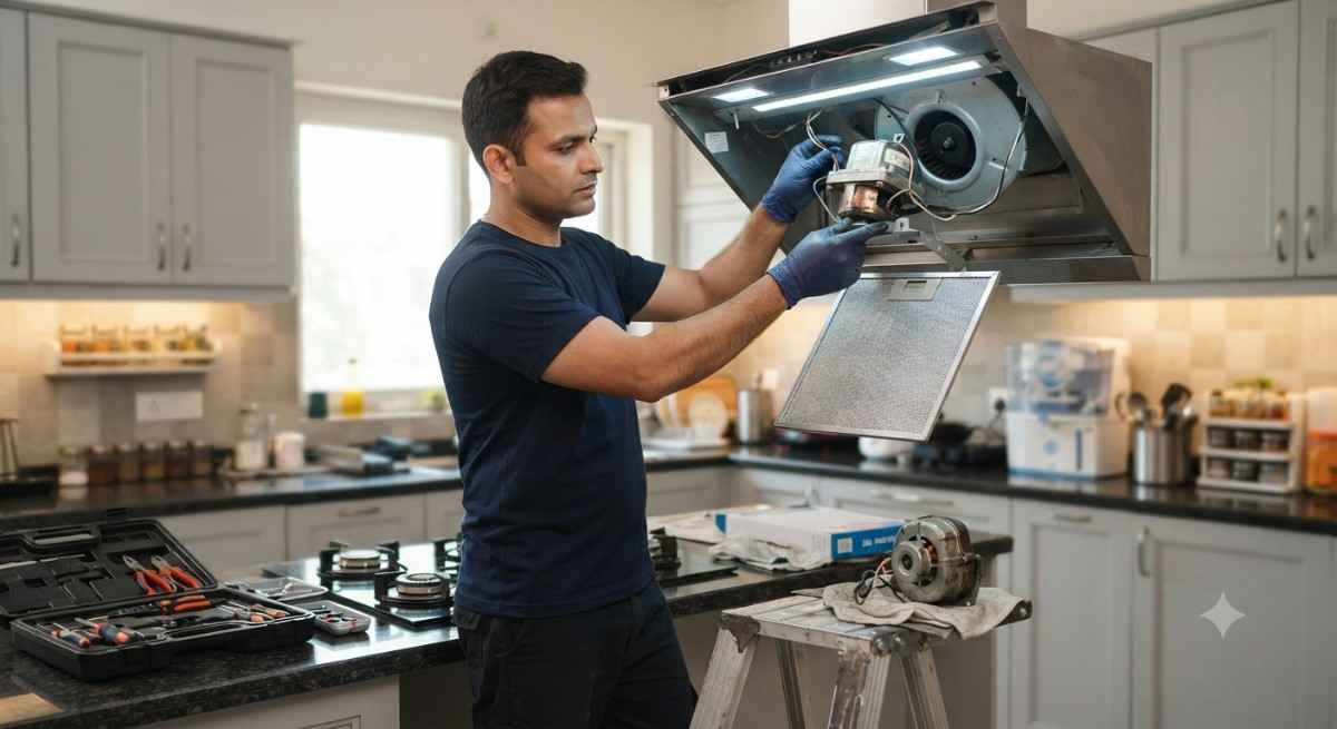 Genuine Kutchina chimney spare parts service showing motor and filter components