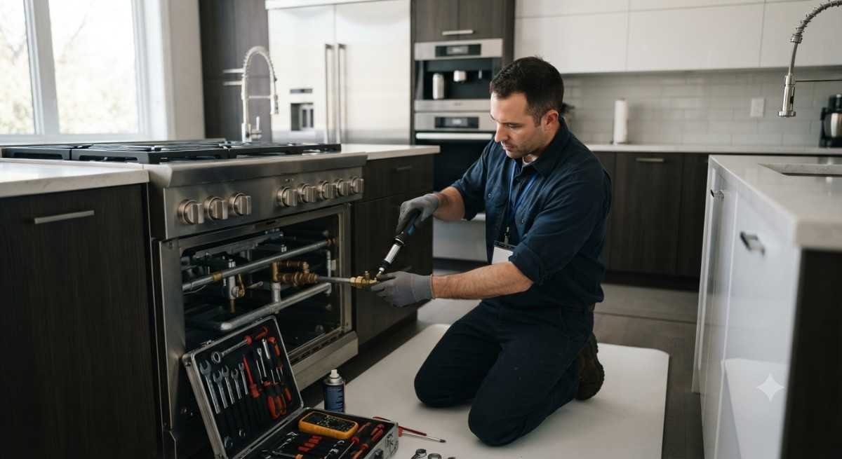Kutchina cooking range repair technician performing maintenance and burner testing