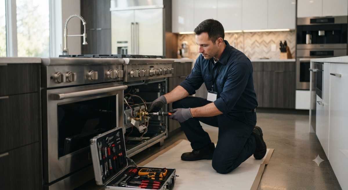 Kutchina cooking range repair technician performing maintenance and testing