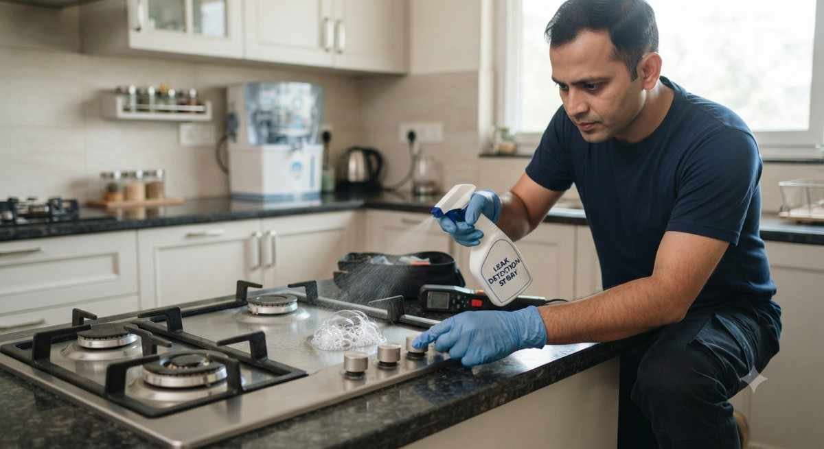 Kutchina gas stove gas leak inspection technician checking valve and connections