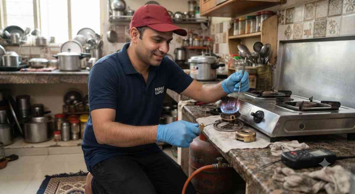 Kutchina gas stove repair technician servicing a gas stove in a Navi Mumbai home