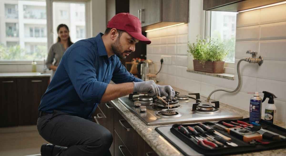 Kutchina gas stove repair technician fixing burner and ignition fault in Bangalore