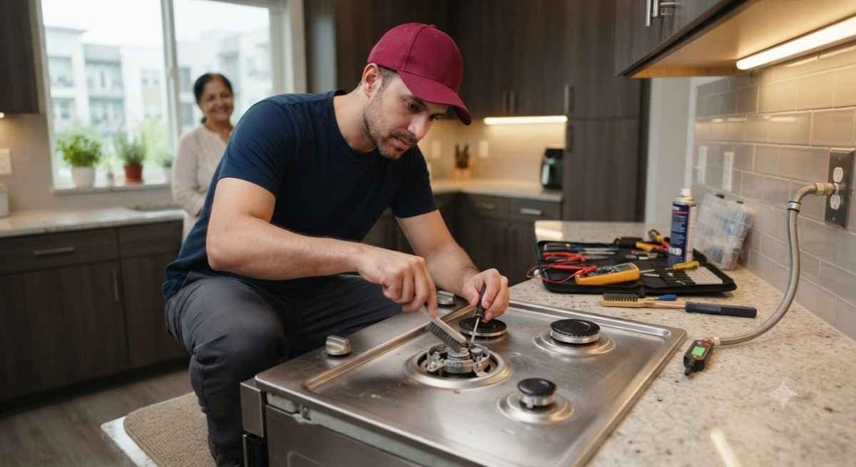 Kutchina gas stove repair technician fixing burner and ignition fault in Hyderabad