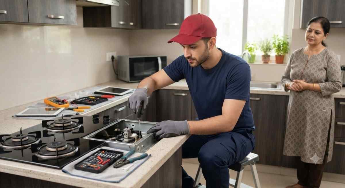 Kutchina gas stove repair technician servicing a gas stove in Thane