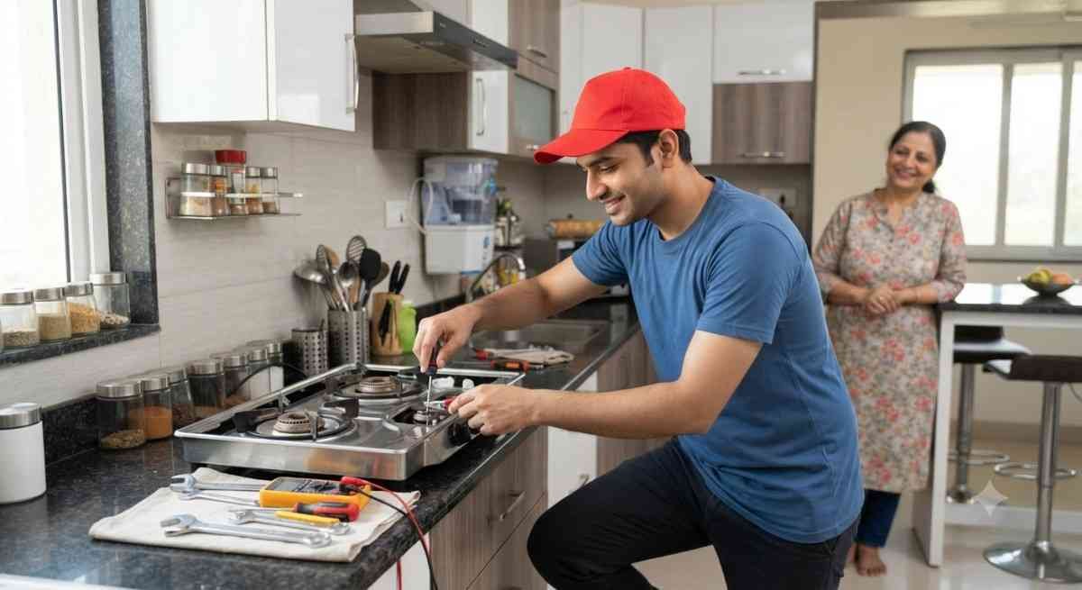 Kutchina gas stove repair technician servicing a gas stove at a customer's home