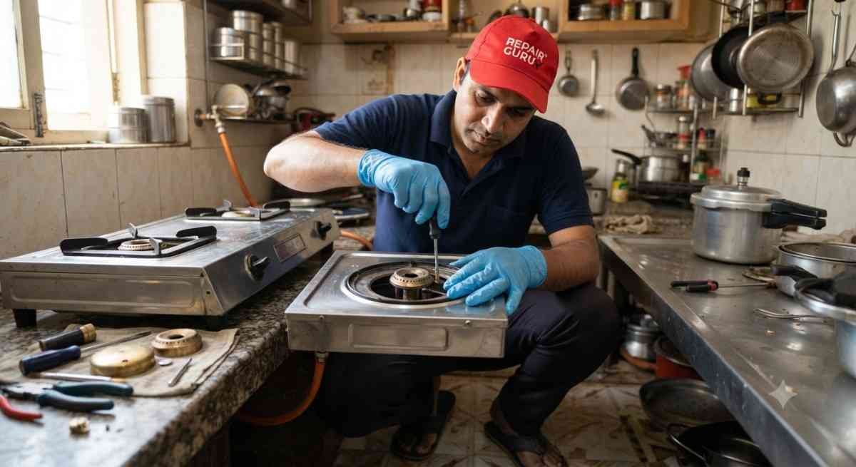 Kutchina gas stove service technician repairing a gas stove in a Mumbai home