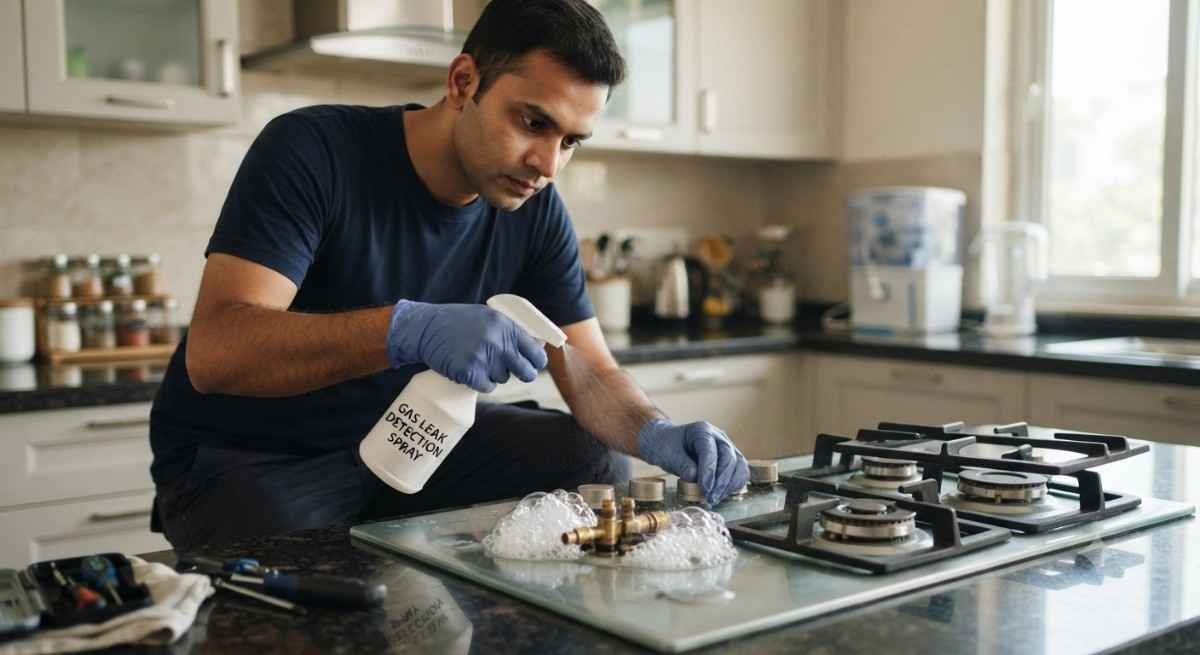 Kutchina hob gas leak repair technician checking valve and gasket for leaks