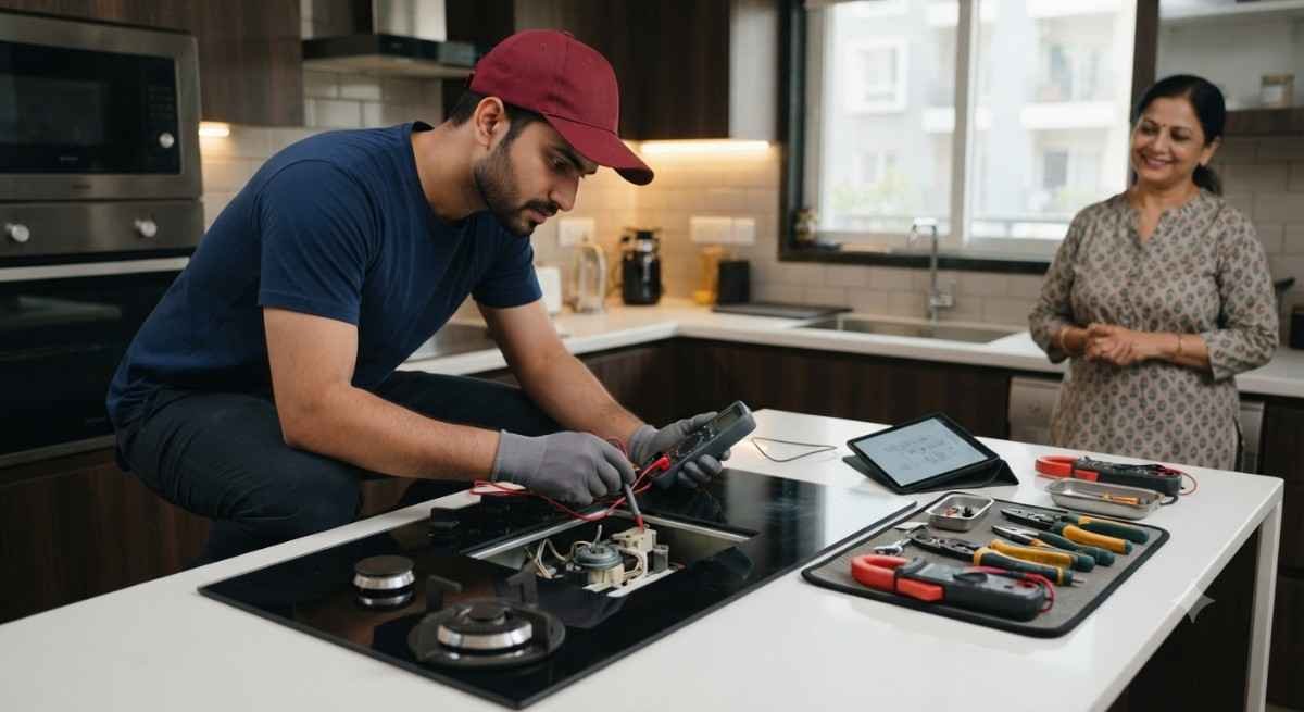 Kutchina hob repair service technician fixing a built-in hob in Bangalore