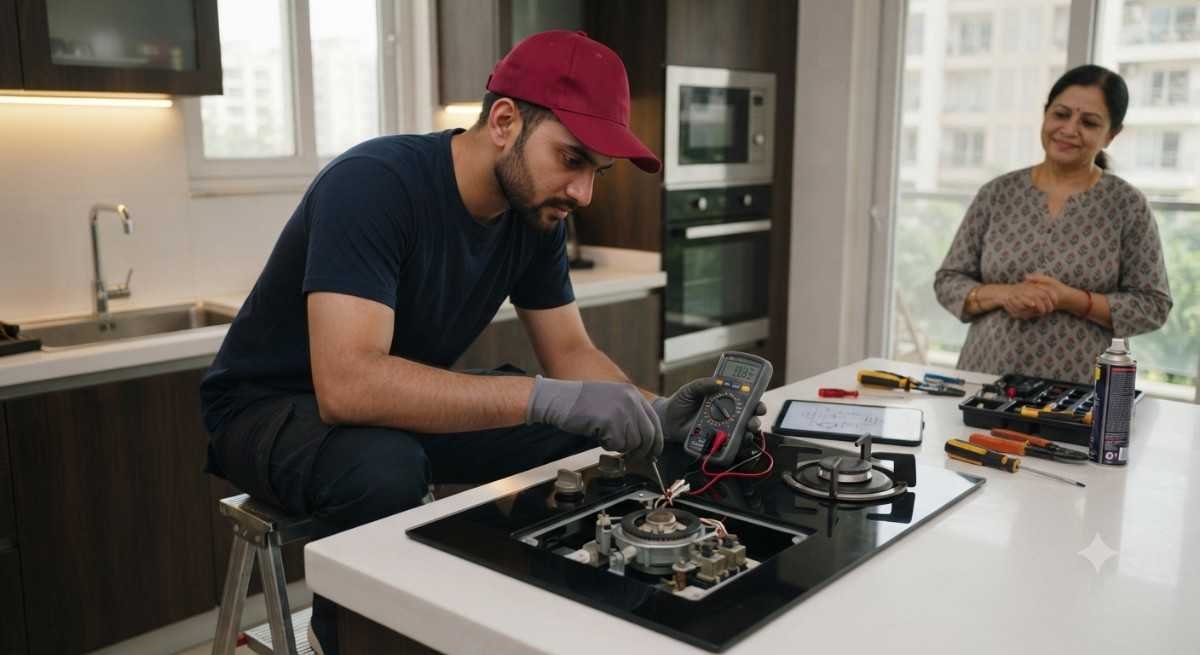 Kutchina hob repair service technician fixing a built-in hob in Hyderabad