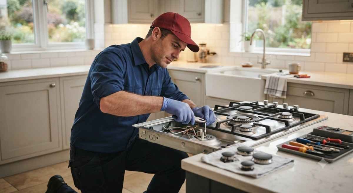 Kutchina hob repair service technician fixing a built-in hob in Navi Mumbai