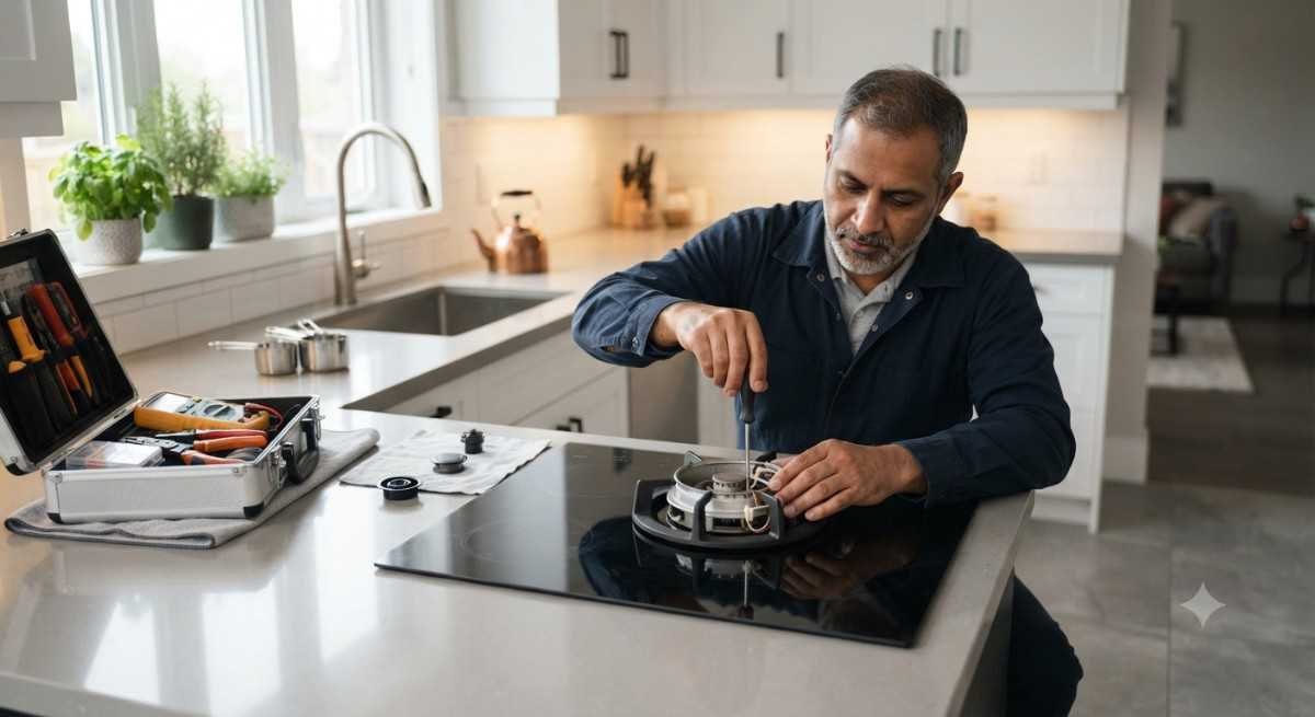 Kutchina hob repair service technician fixing a built-in hob in Mumbai