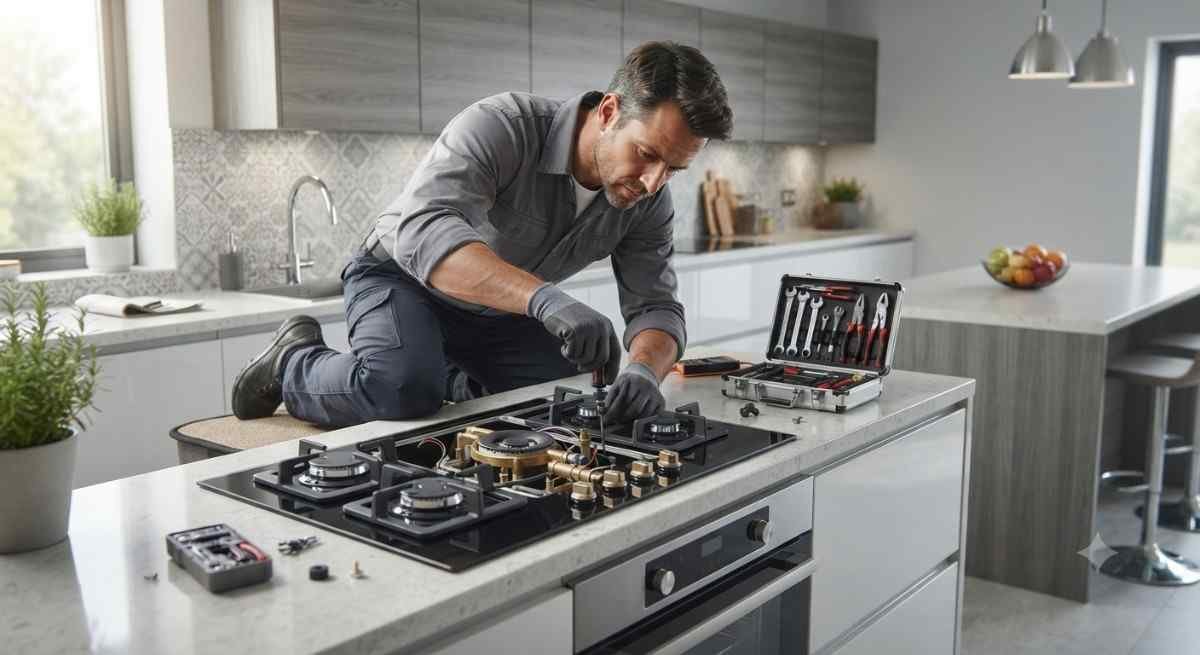 Kutchina hob repair service technician fixing a built-in Kutchina hob burner at home