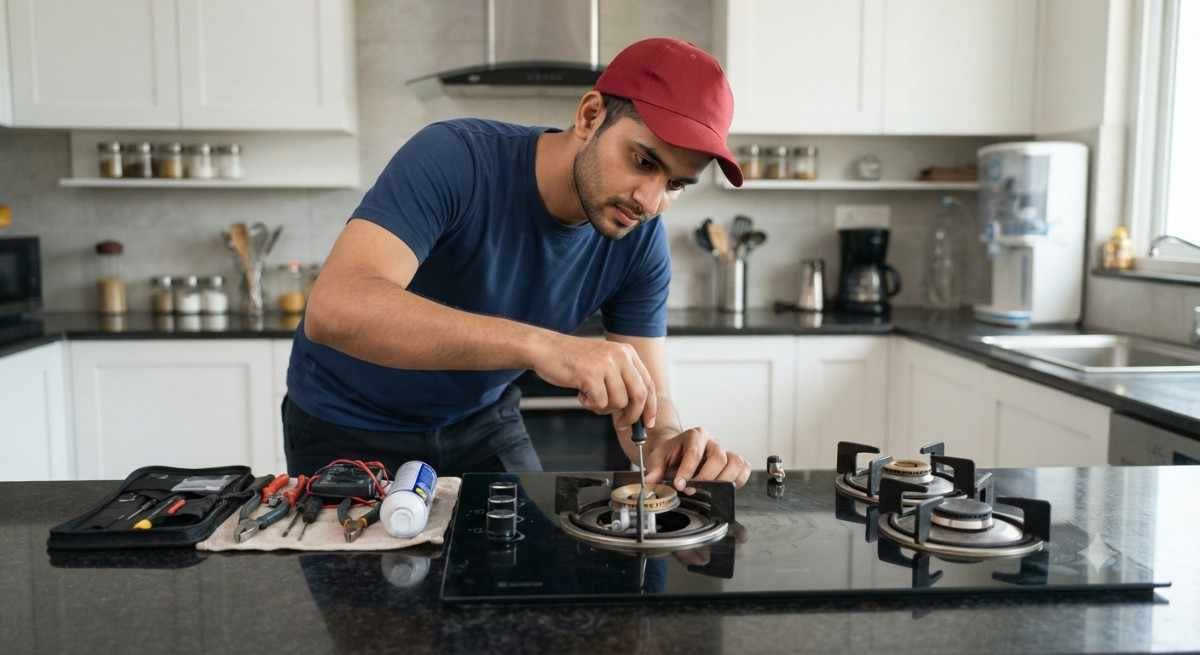 Kutchina hob repair technician inspecting a built-in hob at a customer's home