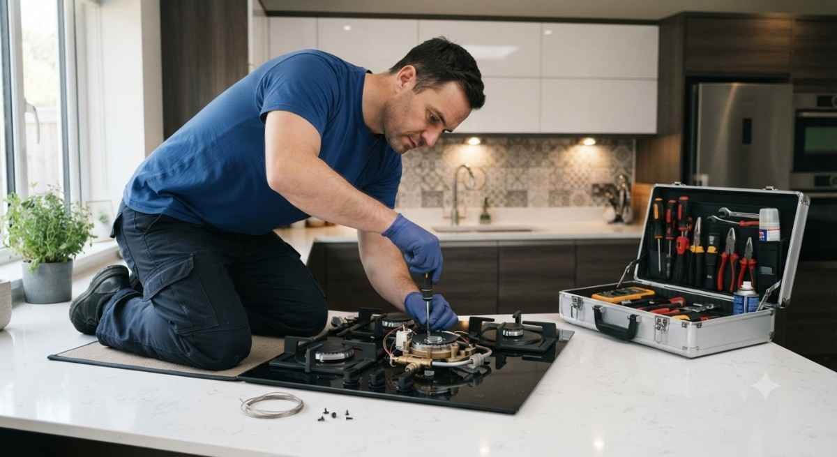 Kutchina hob repair technician fixing built-in hob burner