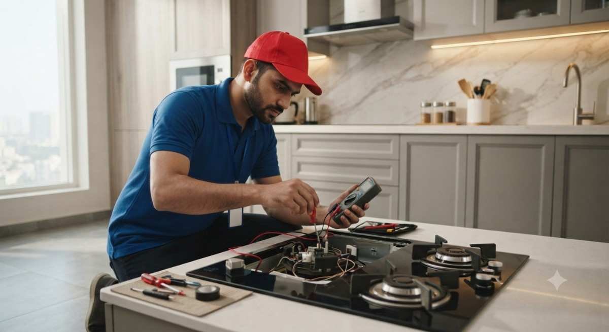 Auto ignition repair for Kutchina hob in Mumbai, technician fixing spark electrode