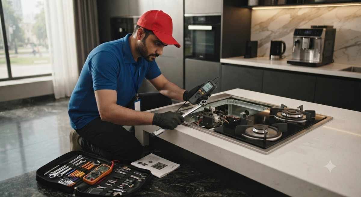 Gas leak repair for Kutchina hob in Mumbai, technician checking valve connections