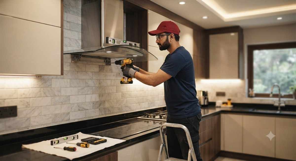 Kutchina chimney installation and repair technician fitting a new chimney in Mumbai