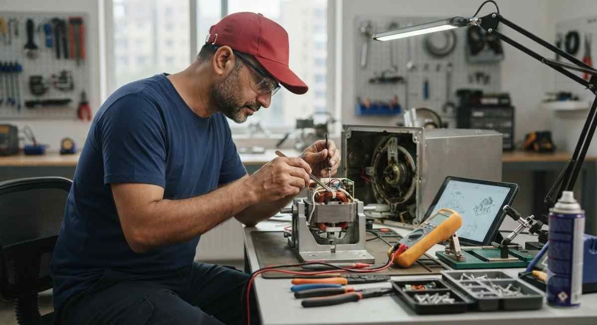 Kutchina chimney motor repair technician in Andheri checking bearing and RPM