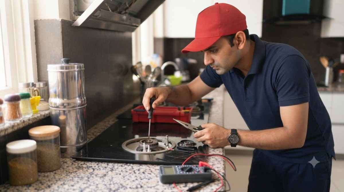 Kutchina gas stove repair technician servicing a gas stove in Haryana