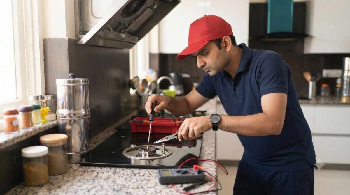 Kutchina hob repair technician fixing a built-in hob in Haryana